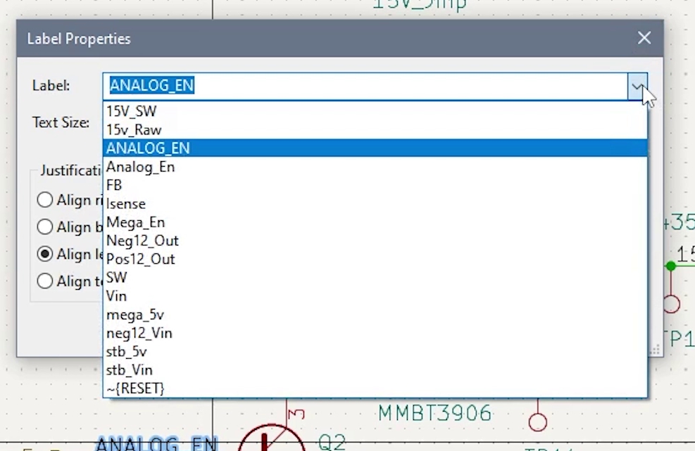 KiCad 6 Label Properties Dialog with Drop Down