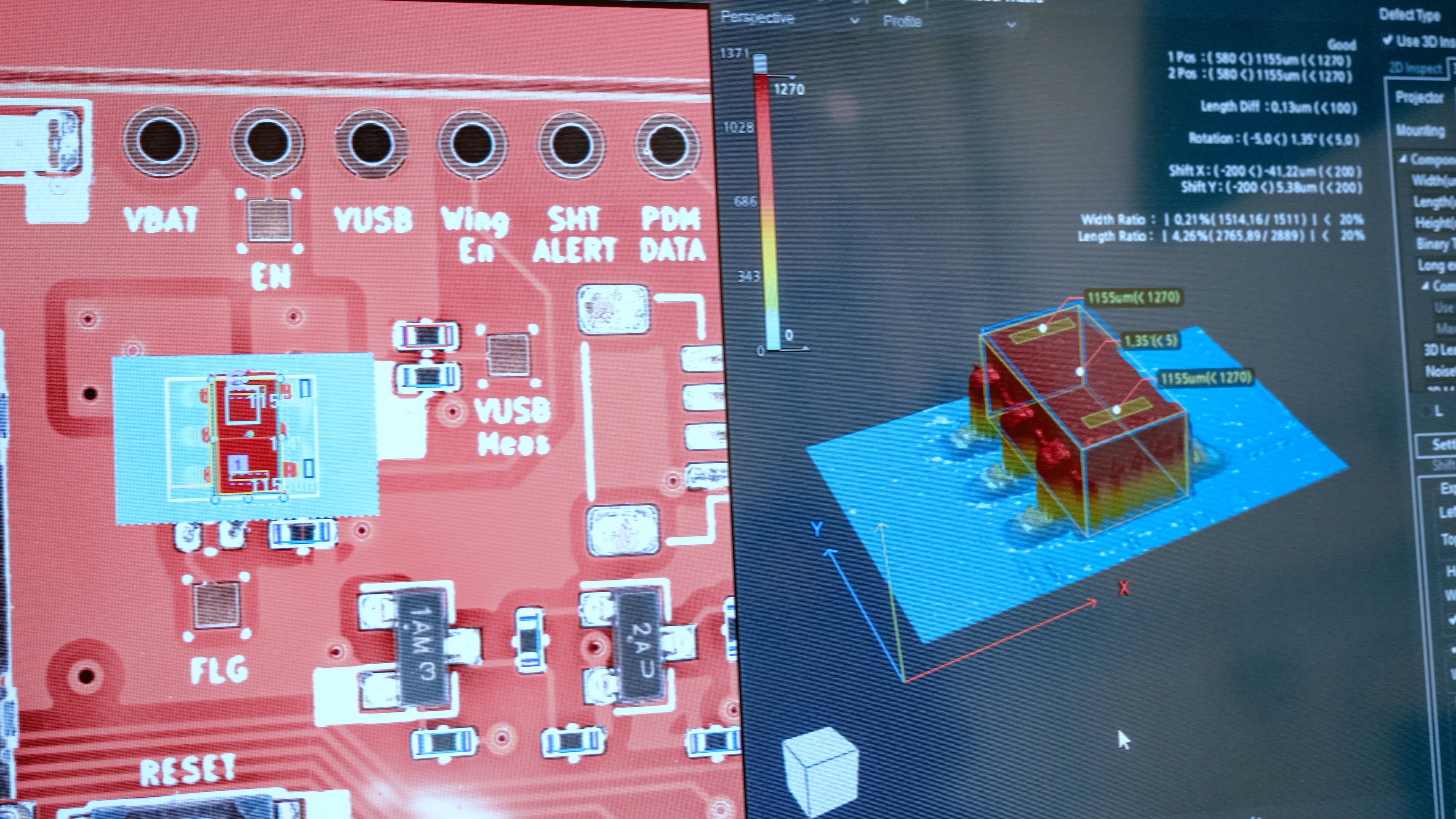 Automated optical inspection software measuring a component on an assembled Bald SENSE PCB.
